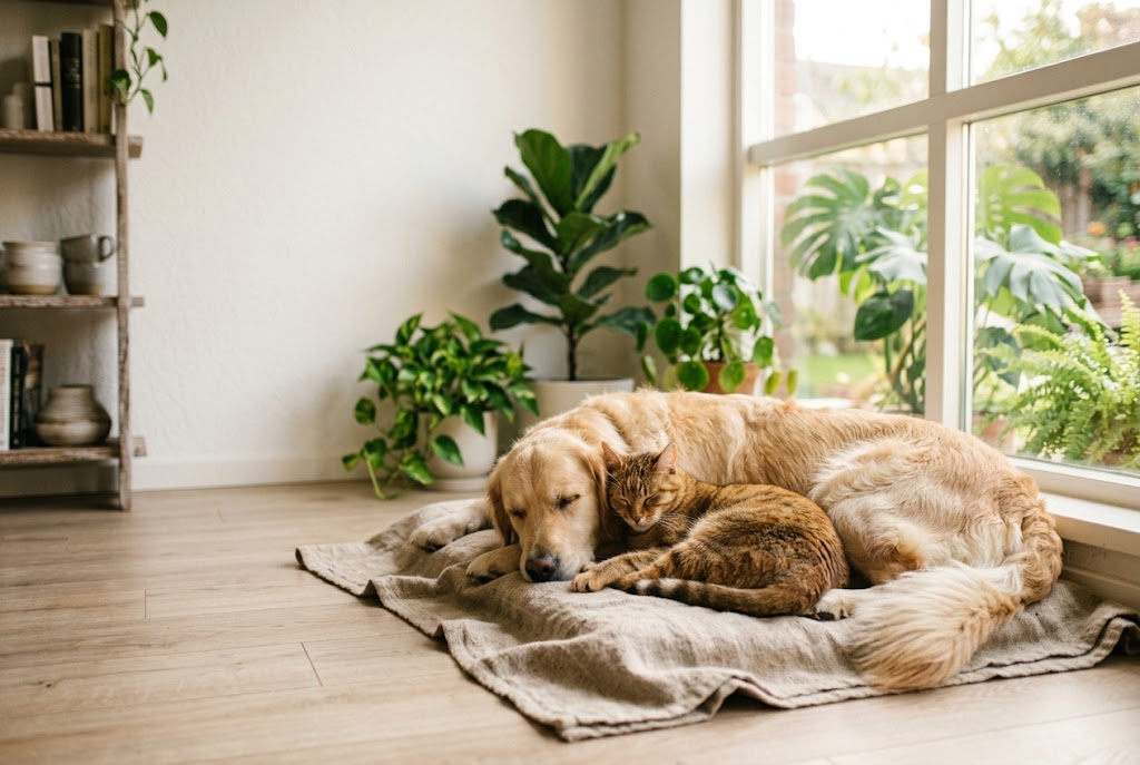 Chien et chat sereins et complices à la maison