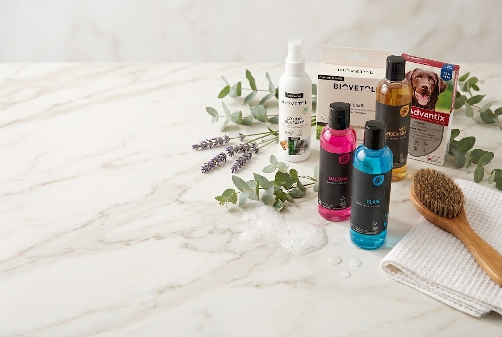 Produits de soin et d'hygiène pour animaux sur un plan en marbre clair