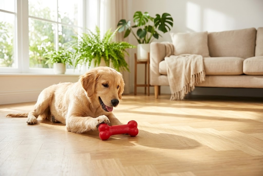Chien jouant avec un jouet dans un salon lumineux